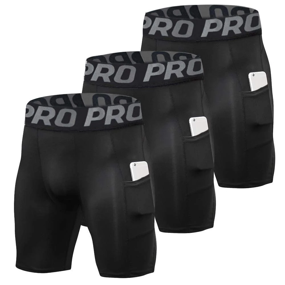 YUSHOW Compression Shorts Mens 3 Pack Sports Anti-Chafing Underwear Base Layer Shorts Quick Dry Running Shorts with Phone Pockets Cycling Tights for Workout Athletic Rugby Short Protect Leg Skin