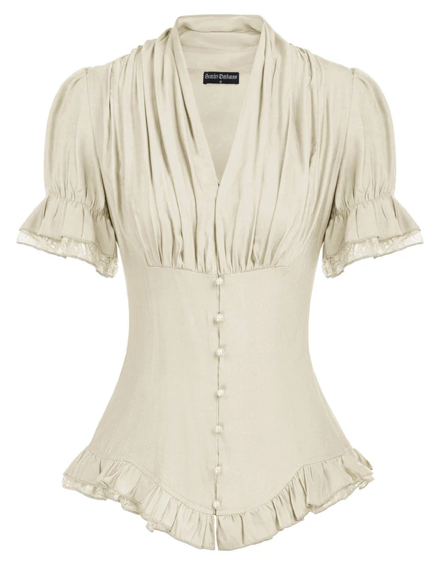 Scarlet DARKNES Women 2025 Summer Short Sleeve Shirt Dressy Victorian Blouse Lace Up Work Top, Beige, M