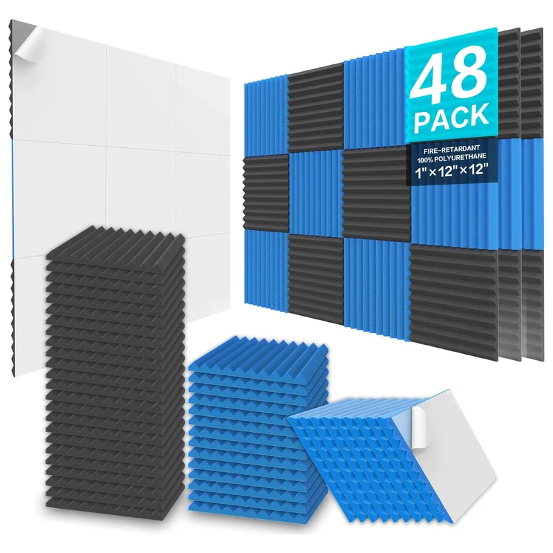 JBER 48 Pack Acoustic Foam Panels, 1" X 12" X 12" Studio Soundproofing Wedges Fire Resistant Sound Proof Padding Acoustic Treatment Foam - Black & Blue