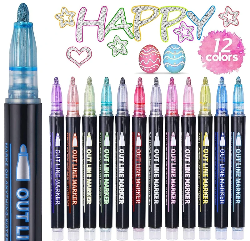 ECtury Easter Gifts for Kids, 12 Glitter Pens Outline Marker Pens, Arts and Crafts for Kids, Gifts for Teenage Girls, Art Supplies Colouring Pens Outline Pens, Gifts for 4-12 Year Old Girls