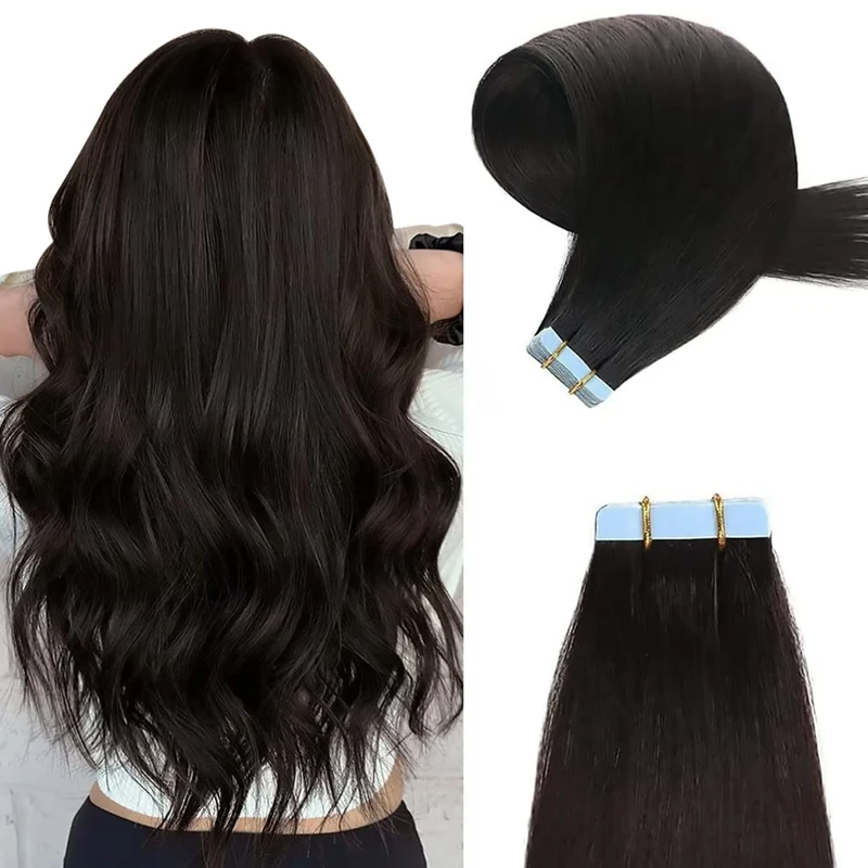 YILITE Tape Hair Extensions - Off Black, 20 inches, 20pcs, 50g/pack, Invisible, Straight, Seamless, Skin Weft, Remy, Silky, Real Human Hair