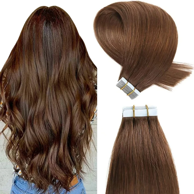 YILITE Tape-In Real Hair Extensions, Medium Brown, 50 cm, 20 Pieces/Pack, 50 g, Invisible Silky Straight, Skin Weft Tape Ins, Natural (Extension)