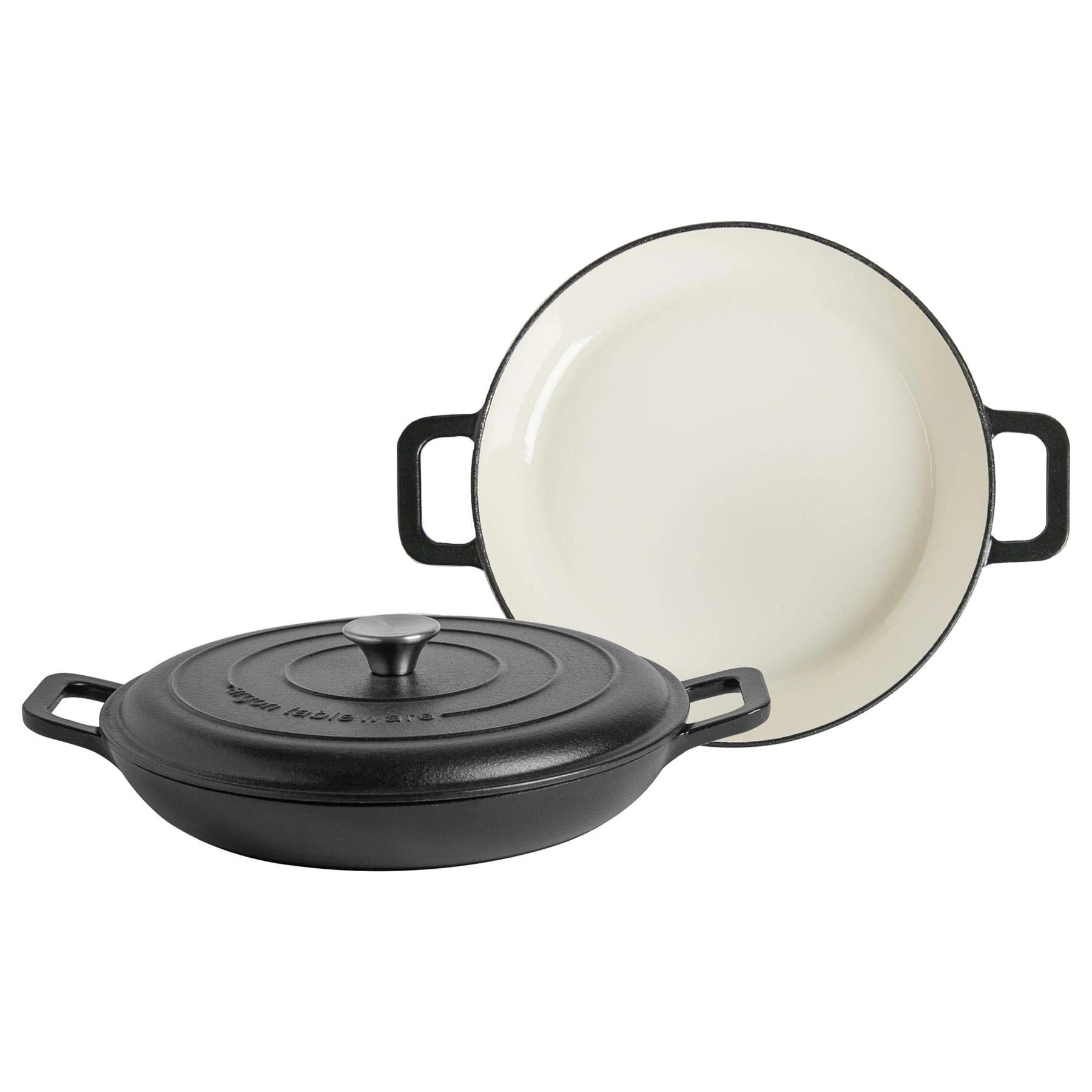 Argon Tableware 2.3L Shallow Cast Iron Casserole Dishes with Self-Basting Lids - Matte Black - 2 Pack Induction Hob Cooking 2.43QT Dutch Oven Bread Baking Serving Roasting Stew Stock Pot Cookware Pan