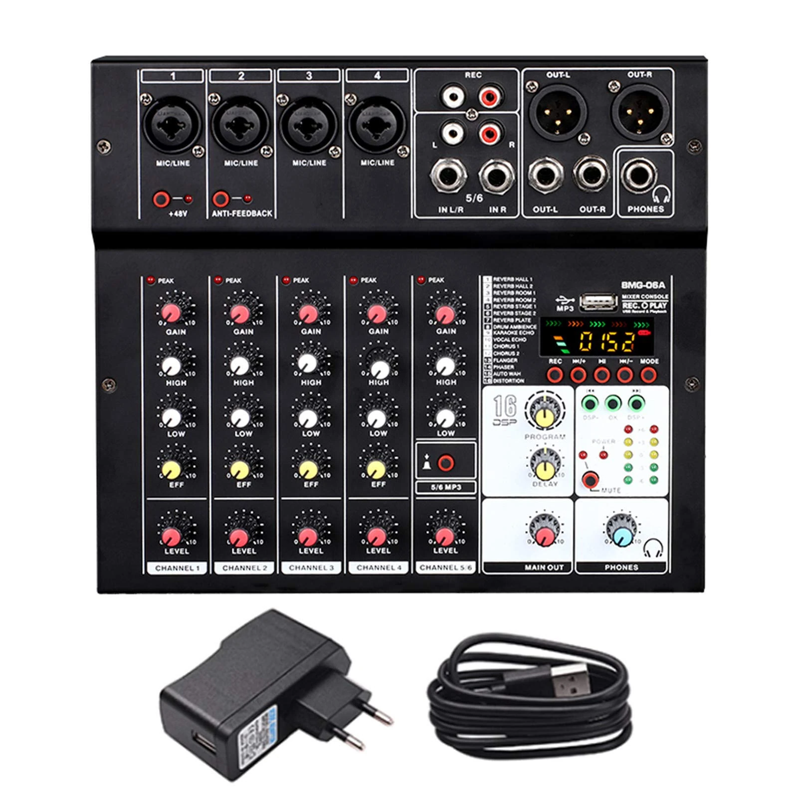Studio Mixing Desks, Sound Audio-Mixer Mixing Console 6 channel Audio Interface 16 kinds DSP Effects / 48V Power USB Bluetooth MP3
