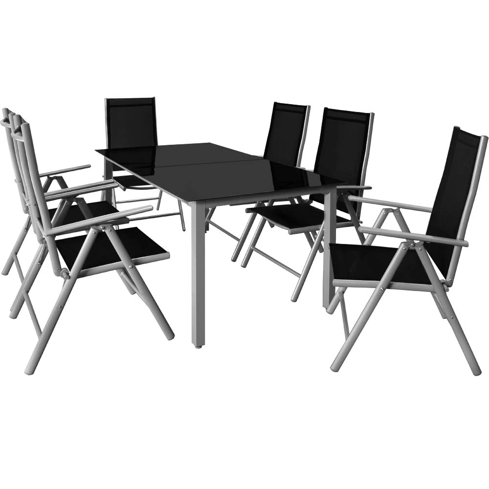 CASARIA® Bern 6+1 Garden Dining Furniture Set | 6x 8 Way Adjustable High Back Folding Chairs | Table 150x90cm Aluminium 5mm Black Safety Glass | Weatherproof Patio Balcony Deck Seating | Silver