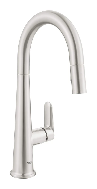GROHE Veletto - Single-Lever Kitchen Sink Pull Out Mixer Tap (High C-Spout, 2 Spray Options, 28 mm Ceramic Cartridge, 360° Swivel Range, Tails 3/8 Inch), QuickMount Included, Stainless Steel, 30419DC0