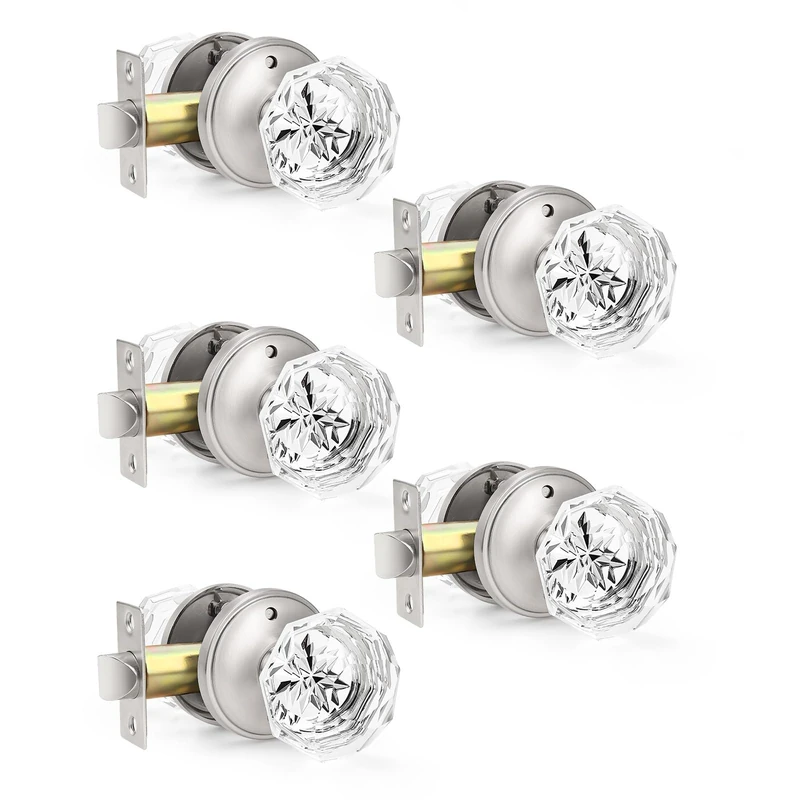 Orger 5 Pack Privacy Door Knobs, Clear Glass Door Handles with Satin Nickel Finish, Crystal Interior Door Handles for Bed/Bathroom, Zinc Alloy Round Rosette