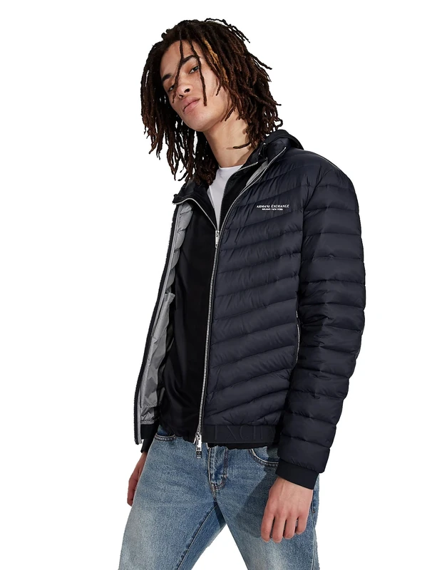 Armani Exchange Men's Quilted Milano/New York Logo Zip-Up Jacket Down Alternative Coat, Navy Blue/Grey Marl, XS
