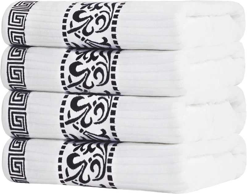 Superior 4-Piece Bath Towel Set, Greek/Floral Decor for Bathroom, Guest Bath, Spa, Resort, Home Essentials, Absorbent Cotton, Adults and Kids, Fast Drying Towels, Athens Collection, Black