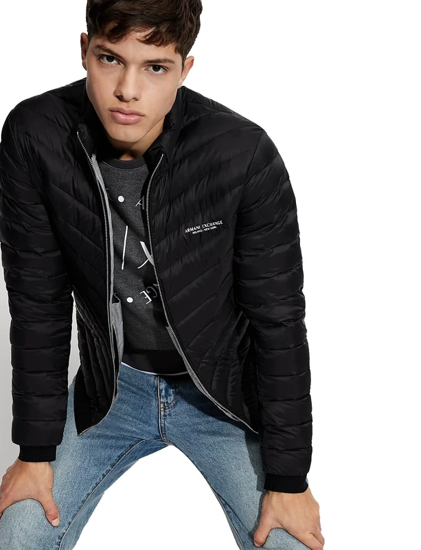 Armani Exchange Quilted Down Milano/New York Logo Zip-up Jacket Down Alternative Coat,