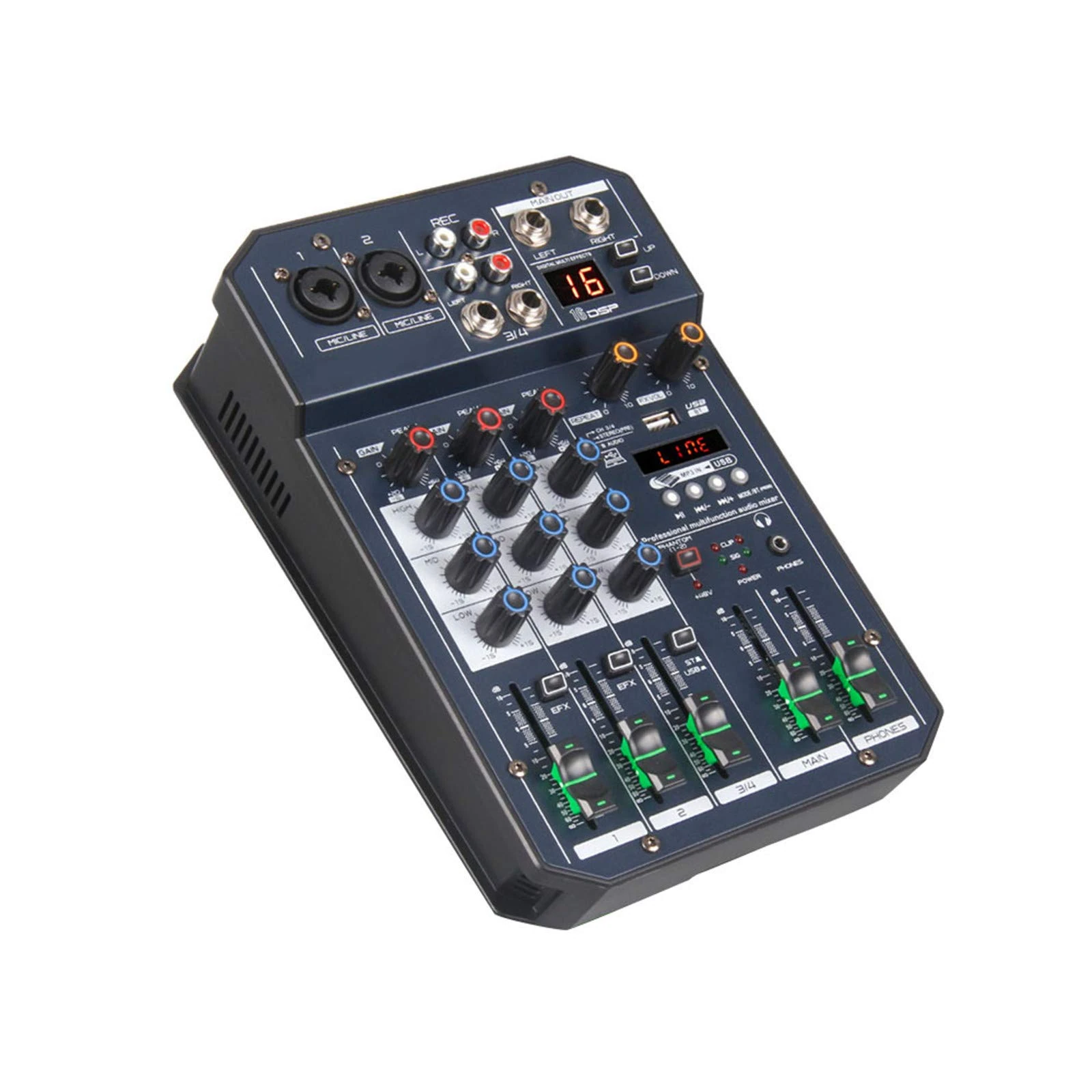 Studio Mixing Desks, Portable 4-Channel Sound Card Mixing Console Mixer Audio Built-in 16 DSP 48V Phantom power Prise en charge Compact Mixer