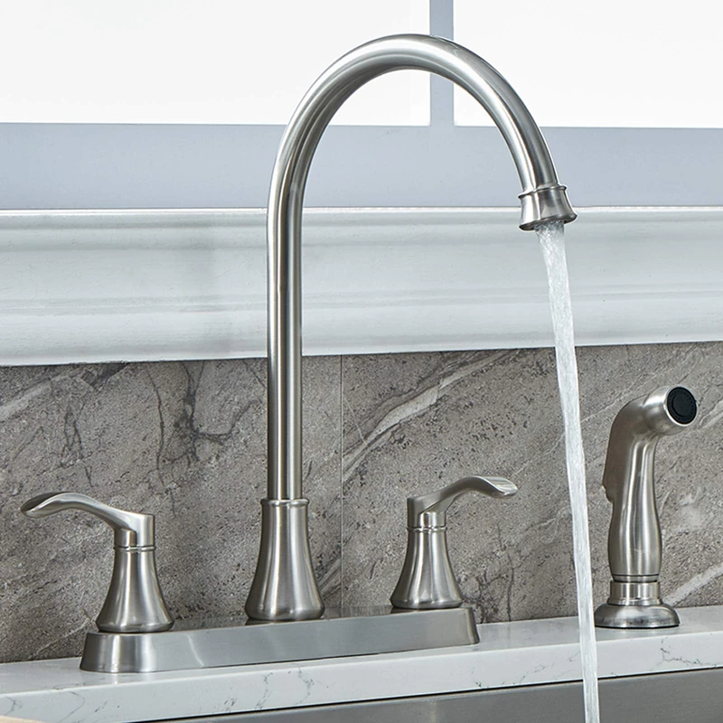 VALISY 3 Hole or 4 Hole Two Handle Kitchen Faucet with Side Sprayer, Commercial Lead-Free Brushed Nickel Kitchen Sink Faucets for Rv Sinks with High-Arc Spout & Side Sprayer, VADR0004L
