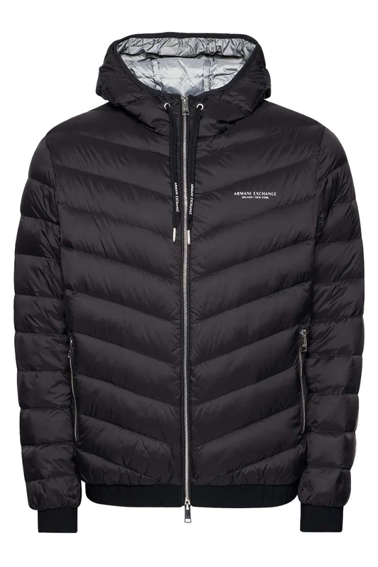 Armani Exchange Men's Steppjacke mit Kapuze und Reißverschluss, Milano/New York Logo Jacket, Black/Melange Gray B, L