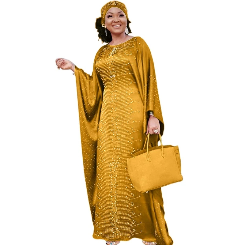 HD Long African Dresses for Women Fashion Beading Rhinestone Kaftan Maxi Dress, Gold, One Size
