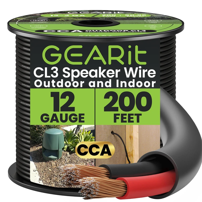 GearIT 12/2 Speaker Wire (200 Feet) 12 Gauge (Copper Clad Aluminum) - Outdoor Direct Burial in Ground/in Wall / CL3 CL2 Rated / 2 Conductors - CCA, Black 200ft