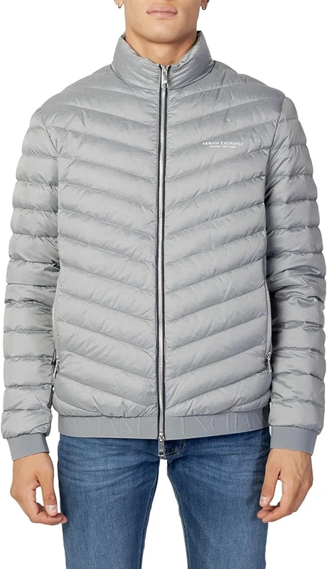 Armani Exchange Men's Quilted Down Milano/New York Logo Zip-up Jacket Down Alternative Coat, Melange Grey/Navy, L