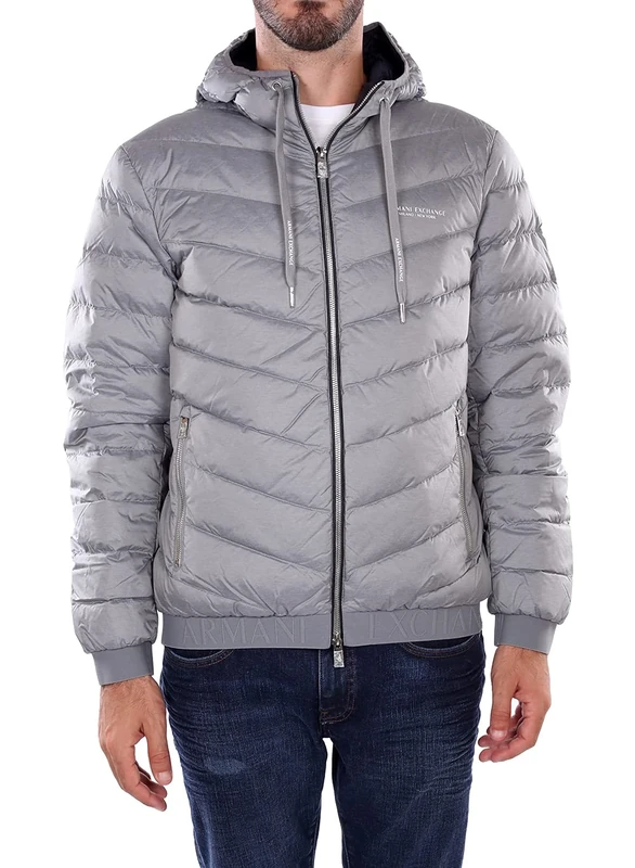 Armani Exchange Men's Quilted Down Milano/New York Logo Zip-up Jacket Down Alternative Coat, Melange Grey/Navy, Small