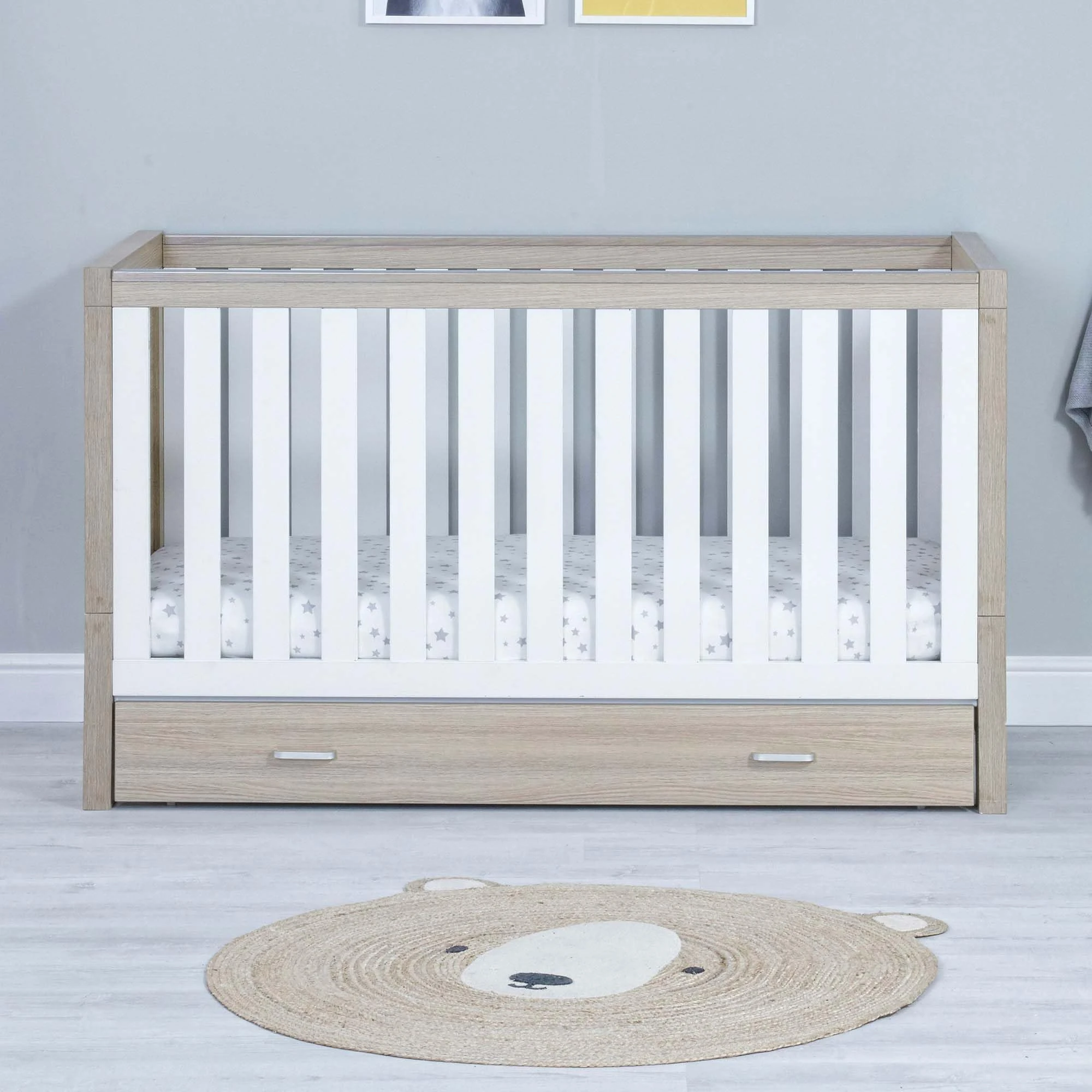Babymore Luno Cot Bed (With Drawer, White & Oak)