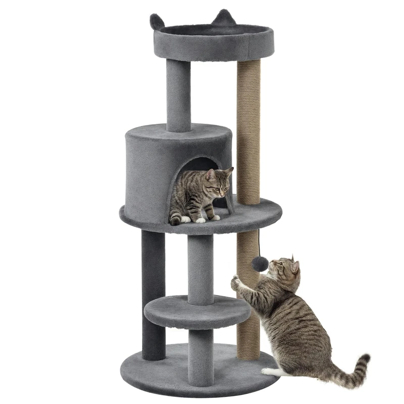 PawHut Multi-Equipment Cat Tree Scratching Post Platforms Kennel Play Hanging Ball Diameter 48 x 104 cm Grey
