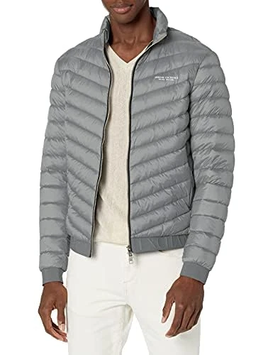 Armani Exchange A|X Men's Quilted Down Milano/New York Logo Zip-up Jacket Down Alternative Coat, Melange Grey/Navy, XXL