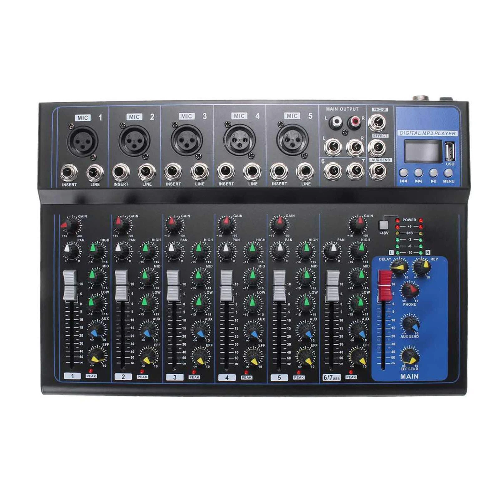 Studio Mixing Desks, DJ Mixer Bluetooth Portable Audio Mixer 7 Channel w/USB DJ Sound Mixing Console MP3 Jack Karaoke 48V Amplifier Karaoke KTV Match Party