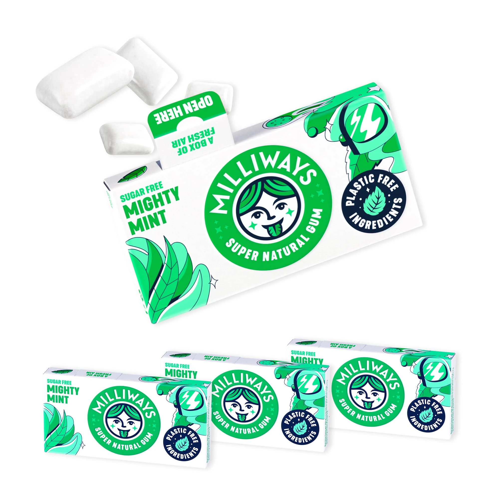 Milliways Mighty Mint Super Natural Gum - Sugar-free Chewing Gum | 4 Packs of 10 Pieces (40 Pieces Total) | Xylitol, Plastic-Free, Plant-Based, Biodegradable