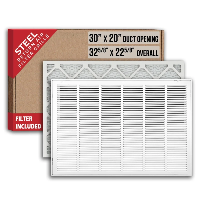 30" X 20" Filter Included Heavy Duty Steel Return Air Filter Grille [Removable Face/Door] for 1-inch Filters HVAC Duct Cover Grill, White | Outer Dimensions: 32 5/8"W X 22 5/8"H for 30x20 Duct Opening