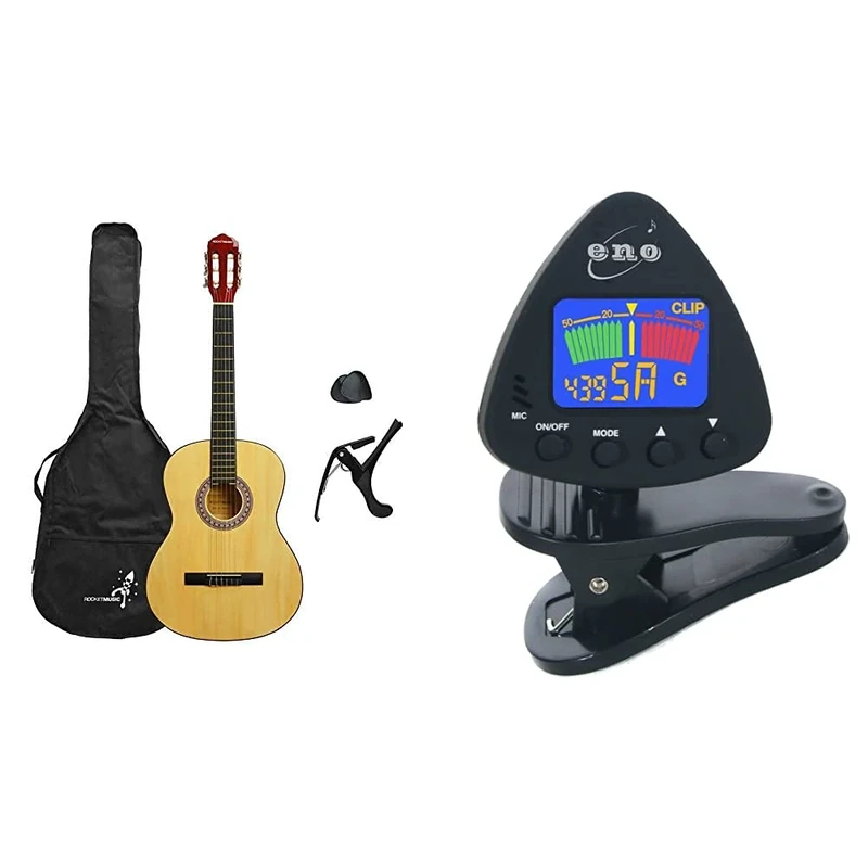 3rd Avenue Rocket Full Size Classical Guitar Starter Pack With Nylon Strings & ENO 20537 Clip-on Guitar Tuner for Ukulele, Bass, and Violin