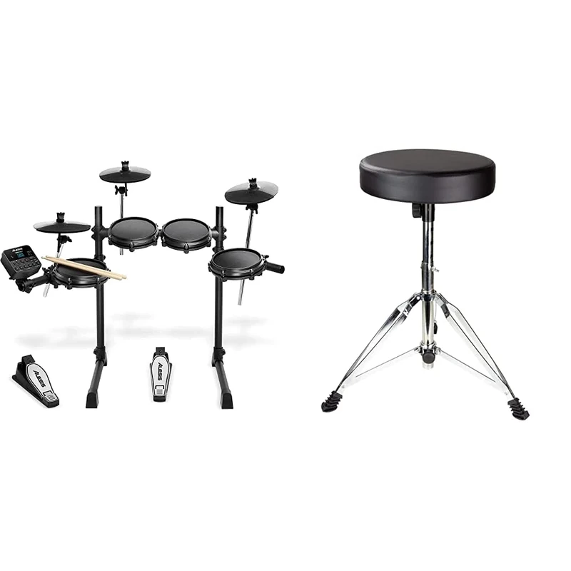 Alesis Drums Turbo Mesh Kit – Seven Piece Mesh Electric Drum Set With 100+ Sounds & Connection Cables included & RockJam DP-001 Adjustable Drum Stool Drum Throne with Padded Seat