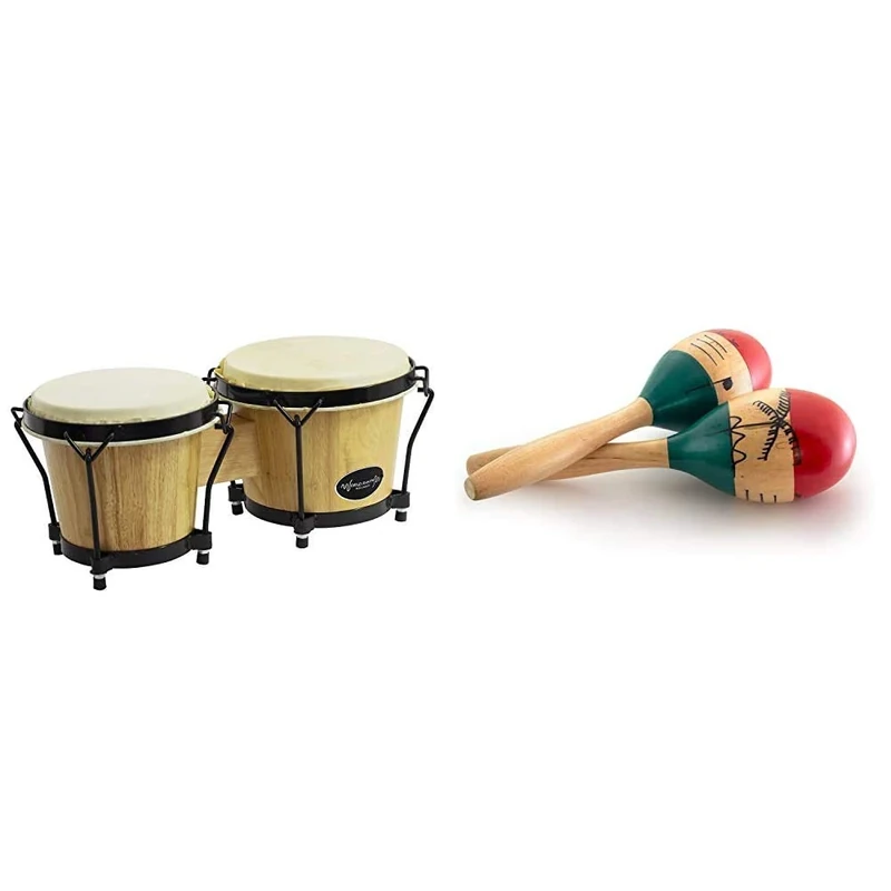 World Rhythm Bongo Drums in Natural Finish - Wooden Bongos for Beginners & Natural Hand Painted Wooden Maracas - Full Size Pair