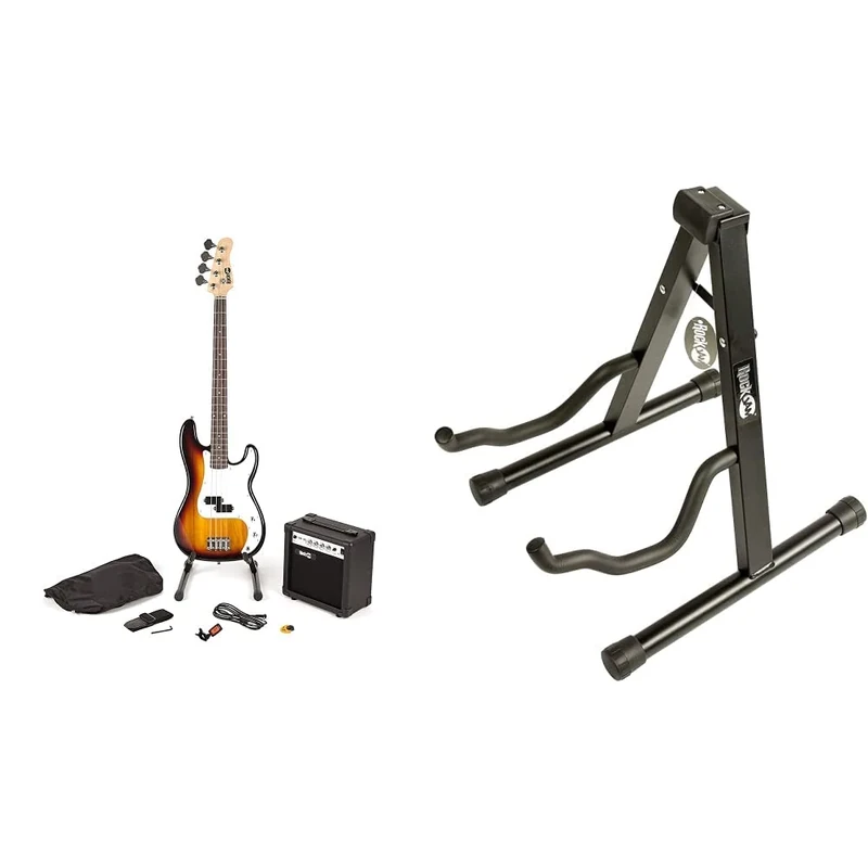 RockJam RJBG01-SK-SB Full Size Bass Guitar super Kit with Guitar Amplifier Guitar Tuner Guitar Stand Guitar Bag and accessories Sunburst & RJGS01 Aframe Guitar Stand for all Guitars Acoustic