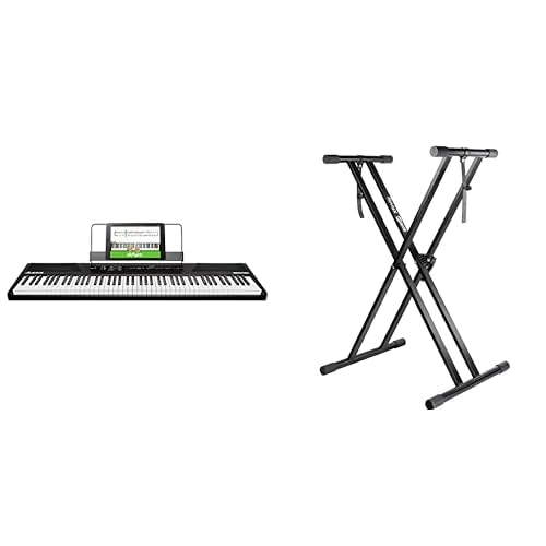 Alesis Recital – 88 Key Digital Electric Piano/Keyboard with Semi Weighted Keys & RockJam RJXX363 Xfinity Doublebraced Pre Assembled Highly Adjustable Keyboard Stand with Locking Straps