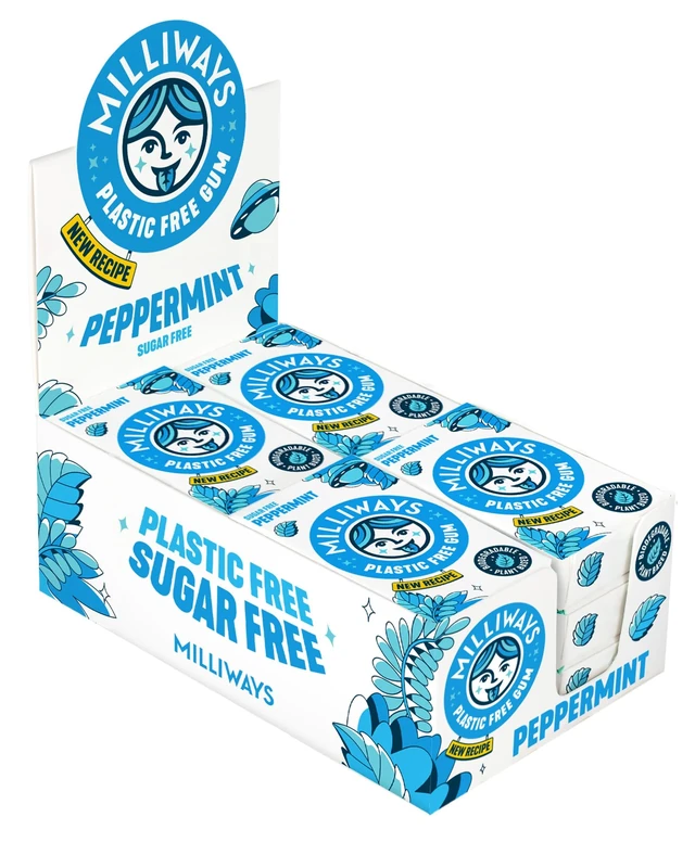 Milliways Peppermint Chewing Gum, Plastic Free, Sugar Free, Aspartame Free, Natural | 12 Packs of 10 Pieces (120 Pieces Total) | Xylitol, Plant-Based, Biodegradable