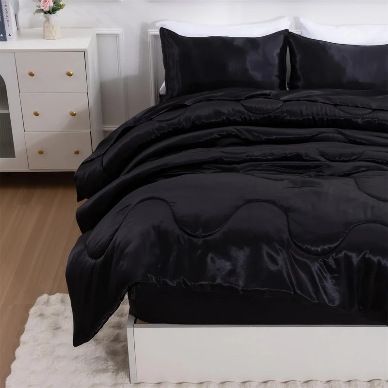 A Nice Night Satin Silky Soft Quilt Sexy Luxury Super Soft Microfiber Bedding Comforter Set, Light Weighted (Black, King)