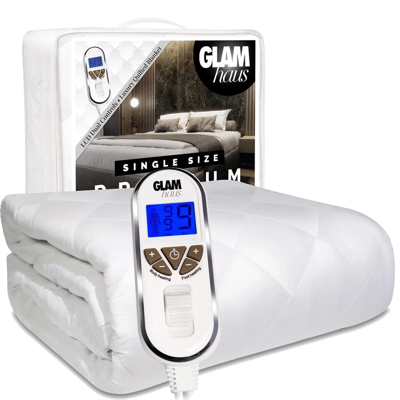GlamHaus Single Size Electric Blanket Fitted Mattress Bed Cover Underblanket, White Premium Diamond Quilted, Heat Settings for Feet and Body, Timer & Machine Washable (Single)