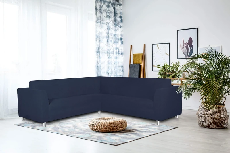 Italian Bed Linen Dahlia Corner Sofa Cover, 92% Polyester + 8% Elastane, Dark Blue
