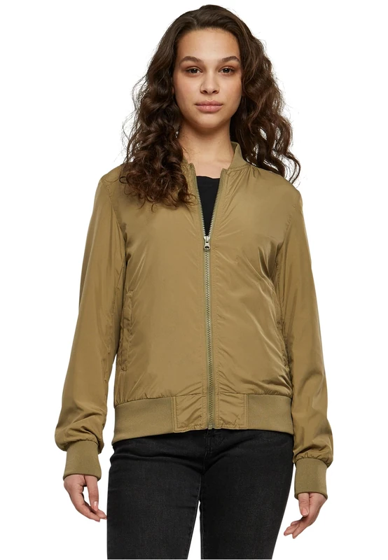 URBAN CLASSICS Women's Light Bomber Jacket with Ribbed Cuffs, Lightweight Flight Jacket for Mid-Season Weather, Longsleeve Jacket with Zipper & Pockets, Colour: Khaki, Size: 4X-Large