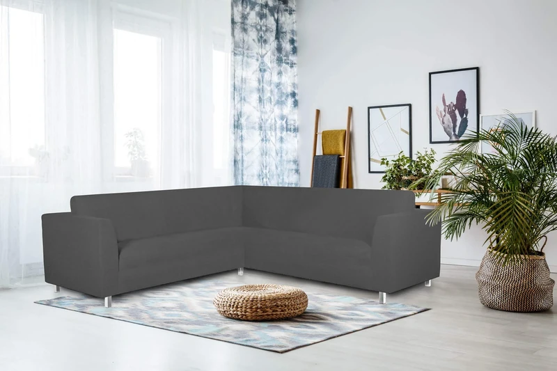 Italian Bed Linen Dahlia Corner Sofa Cover, 92% Polyester + 8% Elastane, Dark Gray