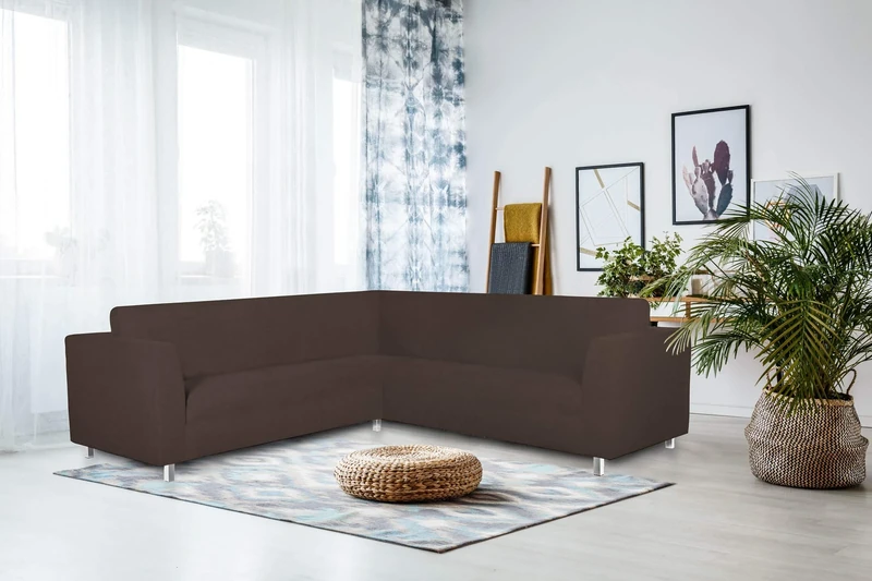 Italian Bed Linen Dahlia Corner Sofa Cover, 92% Polyester + 8% Elastane, Brown