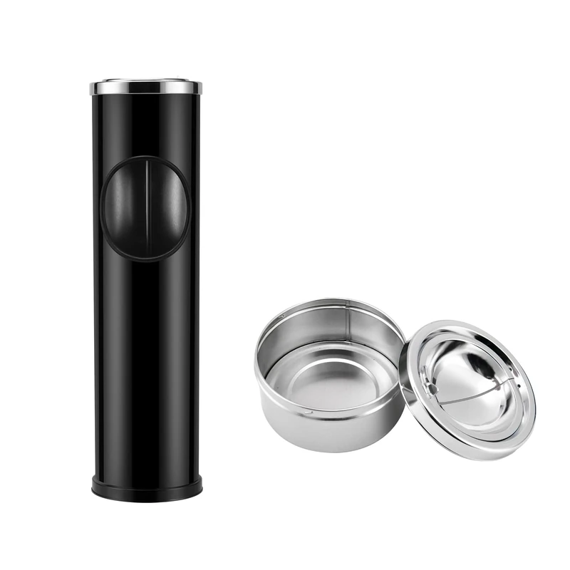 Anfrere Standing Ashtray Outdoor for Patio, Large & Tall Outside Ashtrays for Cigarette Butt Receptacle Disposal, Commercial Metal Smokers Cigar Ash Tray Container with Lid and Trash Can, D01BK