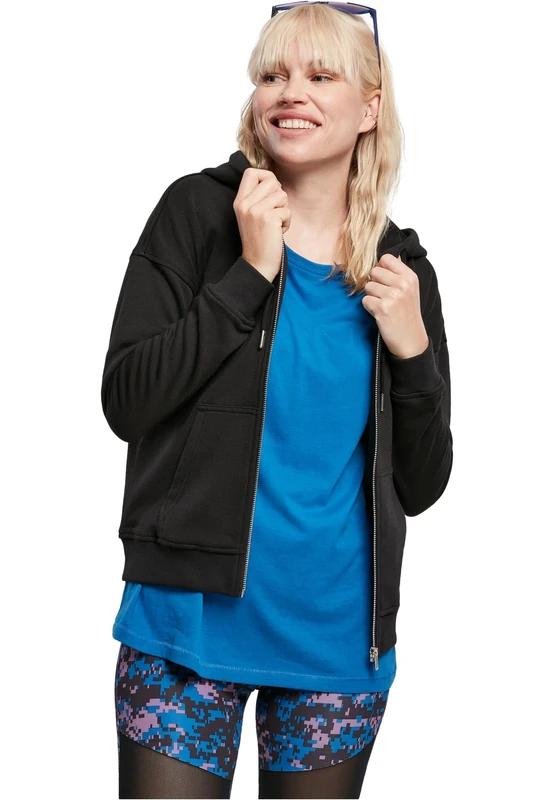Urban Classics Women's sweatshirt jacket made of organic cotton, women's organic zip hoodie, basic hoodie with zip (in 2 colours, sizes XS - 5XL), black, XS