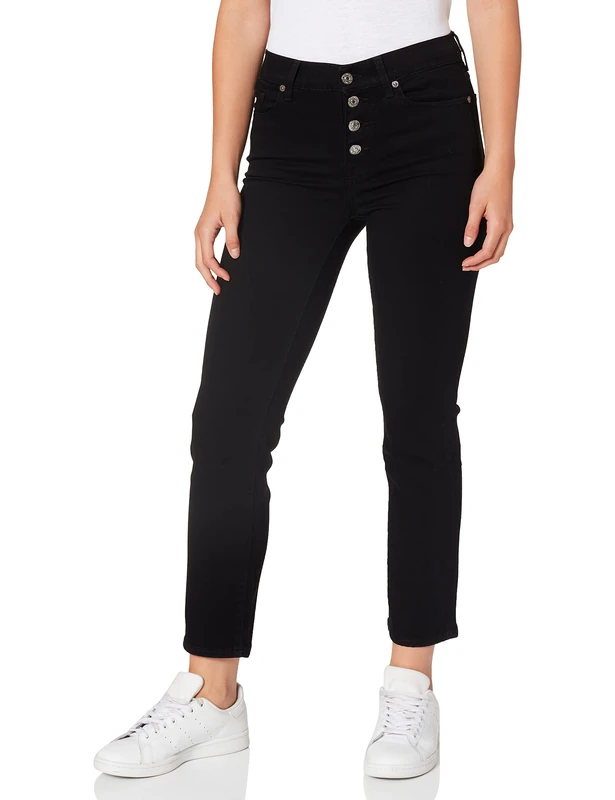 7 For All Mankind Women's THE Straight Crop Bair Rinsed Black with Exposed Buttons Jeans, Black, 23