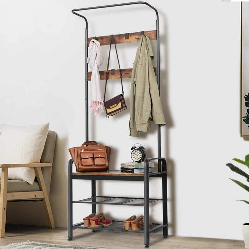 BAKAJI Coat Rack with Shoe Bench and 9 Hooks - 73x34x183 cm - Image 1