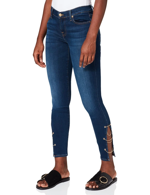 7 For All Mankind Women's The Skinny Crop Slim Illusion Eco Empower with Chains On Hem Jeans, Dark Blue, 27W x 30L
