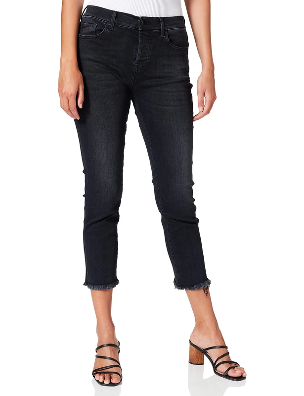 7 For All Mankind Women's Asher Luxe Vintage Any Time with Step Hem Distressed Jeans, Black, 28W x 30L