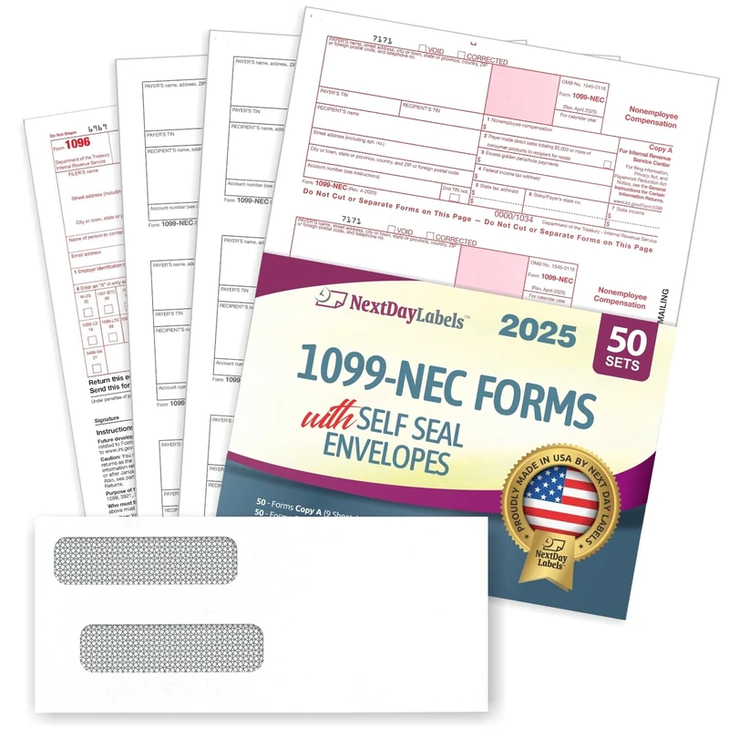 1099-NEC Forms for 2020, 4-Part Tax Forms, Vendor Kit of 50 Laser Forms and 50 Self-Seal Envelopes, Forms Designed for QuickBooks, TFP and Other Accounting Software - Image 1