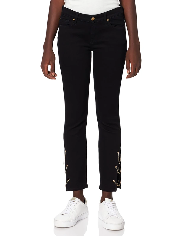 7 For All Mankind Women's The Skinny Crop Slim Illusion Fame with Chains On Hem Jeans, Black, 29W x 30L