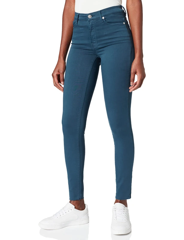 7 For All Mankind Women's Hw Skinny Colored Slim Illusion with Raw Cut Peacock Pants, Blue, 25W x 30L