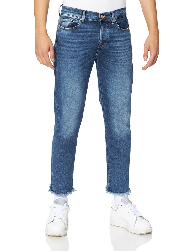 7 For All Mankind Women's Asher Luxe Vintage Rejoice with Step Hem Distressed Jeans, Mid Blue, 32W x 30L