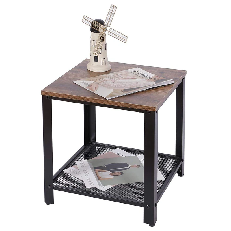 BAKAJI Coffee Table for Living Room Square Modern Industrial Design Metal Frame with Bottom Shelf in Dark MDF Wood Size 40 x 45 cm